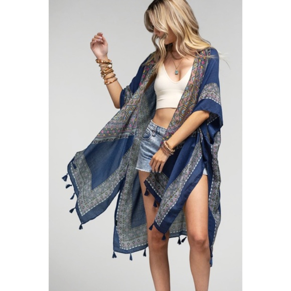 Azura Navy Ethnic Motif Print Tassel Kimono Wrap Open Coverup Top One Size - Picture 2 of 6
